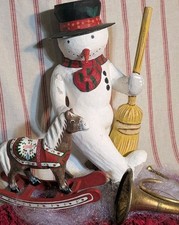 Vtg Dept 56 Primitive Folk Art 3pc Display Lot Snowman Rocking Horse Horn Large picture