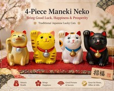 Maneki Neko Lucky Cat Mini Figurines 4pcs Set with 4-Language Omikuji picture