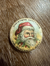 THE MERCANTILE BANK SANTA CLAUS CELLULOID ANTIQUE PIN JAMES SPENCER PHILADELPHIA picture