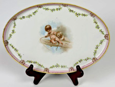 Antique Nippon Hand Painted Cherub Dresser Tray Moriage Gold Oval 10.75