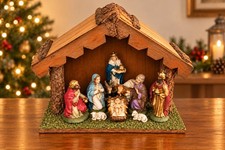 Vtg Nativity Set Christmas Static Figurines Wood Stable Creche 11x14x7 Italy picture