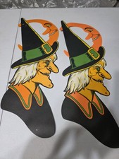 Vtg Large Biestle 1970s Halloween Die Cut Sign Witch Face Moon Graphic USA pair picture