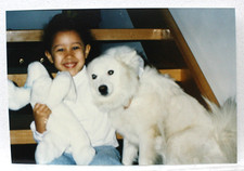 Vtg 1990s Found Photo Cute Girl Smiling with White Fluffy Dog & Stuffed Animal picture