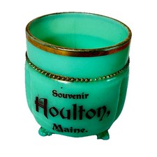 HOULTON, MAINE ME Uranium Antique GREEN Jade Custard Glass Souvenir Cup Trinket picture
