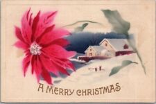 Vintage 1912 MERRY CHRISTMAS Greetings Postcard /Air-Brushed House / Poinsettia picture