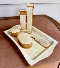 Antique 1920s Pyralin Mayflower Celluloid Vanity Set 7 Pcs Pearl Amber Art Deco picture