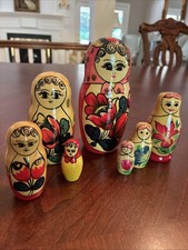 Vintage Soviet Russian Matryoshka Dolls 7 pc Set 1970s Floral Label picture