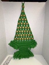 VTG 1970s Handmade Macrame Christmas Tree Wall Hanging Wood Beads 25” Boho picture