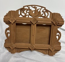 Handcrafted Folk Art Wood Carved Picture Frame Swan Tramp Art Style Easel READ picture
