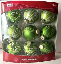 Merry Brite Green Glass Ornaments Box Of 9 Glitter Swirls Stripes Vines 2.5” Dia picture