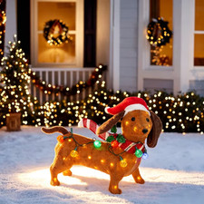 28 IN CHRISTMAS LED DACHSUND WIENER DOG TINSEL LIGHTED OUTDOOR YARD DECOR picture