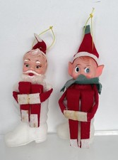 Lot 2 Vtg Santa & Elf Knee Hugger Sitting Plastic Boot Christmas Ornament Japan picture