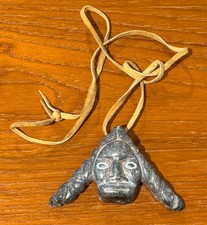 Vintage Inuit Eskimo Native Carving Necklace Face with Leather Thong, ID Numbers picture