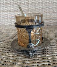 vintage Walker & Hall Sheffield Silver Plated Jam Caviar Dish Amber Glass Spoon picture
