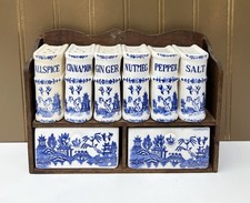 Vintage Rare 9-pc Blue Willow Spice Set with Wooden Rack Made In JAPAN. picture