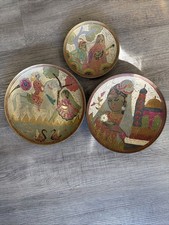3 Vintage Indian Brass Bow Hand Painted w/ Trees, women Flowers and Swans Art picture