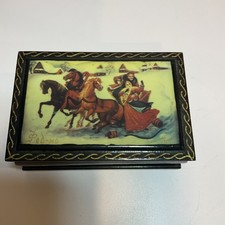 Vintage Russian Fedoskino Lacquer Box Troika Horse Sleigh Winter Scene Signed picture