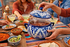 Mexican Talavera Style Lidded Bean Pot Blue White Hand Painted Casserole picture