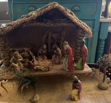 Vintage Wooden Christmas Nativity Creche Manger Stable Germany 6 Figures picture