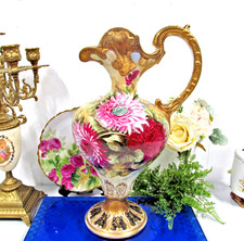 Royal Kinran Nippon cabbage rose mums vase Pitcher Urn thick gold picture