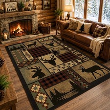 Deer Rug, 3x5 ft Rustic Lodge Cabin Carpet with Buffalo Plaid Wildlife Design... picture