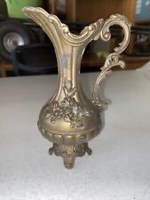 Vintage Italian Floral Embossed Brass Metal Pitcher Vase Footed Handled 7” picture