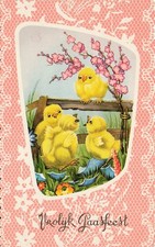 Scandinavian Easter Card Faux Pink Lace Fantasy Chicks Rustic Fence Postcard 14A picture