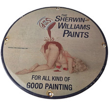 Vintage Sherwin Williams Paint Porcelain Hardware Store Gas Pinup Girl Sign picture