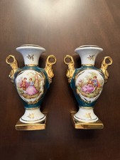 Vintage Limoges France Porcelain Vases Hand Painted Courting Scene Gold Gilt 7” picture