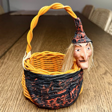 Vintage Halloween Witch Orange Wicker Basket Hand Painted Folk Art Bloody picture
