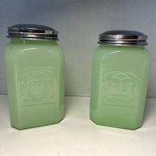 VTG 1930's Jadeite Raised Letter Salt & Pepper Range Shaker Set Beveled Corners picture