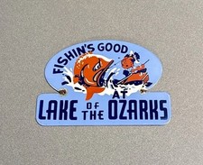 VINTAGE FISHING AT LAKE OZARK PORCELAIN SIGN CAR GAS TRUCK MOTORCYCLE OIL picture