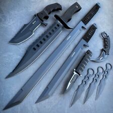 9PC Black Tactical Fixed Blade Sword Machete Axe Hatchet Karambit Knife Set picture