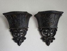 Vintage MCM Dart 6005 Black & Gold Hollywood Regency Wall Pocket Planter Pair picture