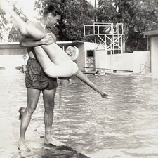 1940s Man Tossing Woman Into Swimming Pool Fun Action Vintage Snapshot Photo picture