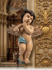 Antique Hand Carved Painted Wood Large Angelic Cherub Putti Sculpture 18