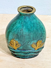Vintage Solid Cast BRASS Handmade Teal Enamel Cloisonne Vase 5-1/2