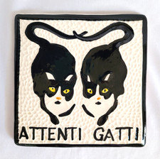 Attenti Gatti Beware of Cats Hand Painted Italy Ceramic Tile 5.5 inch Felt Back picture