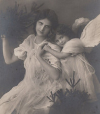 Woman Angel Wings Children Dress Evergreen Tree Portrait RPPC Postcard 3129 30 picture