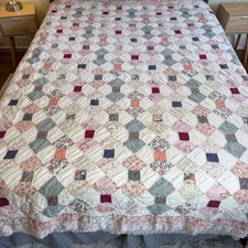 Vintage Handmade Patchwork Quilt Bow Tie Floral Pink Cream Farmhouse Cottagecore picture