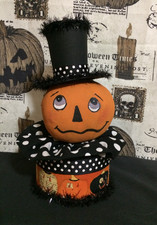 Primitive Halloween PUMPKIN HEAD DOLL on Paper Mache BOX - Handmade Folk Art picture