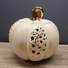 Lenox Pierced Pumpkin Votive Candle Holder Porcelain Ivory Gold 2001 picture