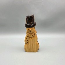 Vintage Hand Carved Wooden Snowman Trinket Jewelry Box Christmas Holiday Lined picture