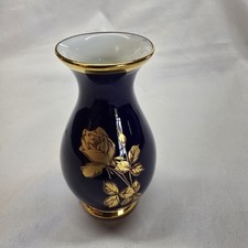 Vintage Veritable Bleu de Four Cobalt Blue Porcelain Bud Vase Gold Rose 4” picture