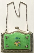 VINTAGE Marathon Green ENAMEL Hand Painted Flower Basket PURSE Shape COMPACT picture