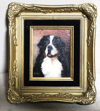 MINI ORIGINAL OIL PAINTING BERNESE MOUNTAIN DOG PORTRAIT FRAMED SIGNED GOLD GILT picture