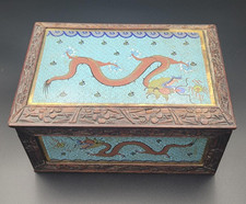 Antique Chinese Cloisonne Enamel Wooden Box Carved Dragon Trinket Jewelry Chest picture