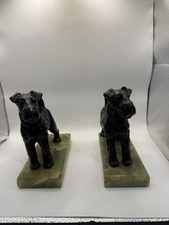 Vintage Art Deco Terrier Dog Bookends Cast Metal Green Onyx Bases 7” Pair * picture