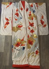 Vintage Japanese Kimono w/ Embroidered Crane & Floral ~ 6 Ft Long picture