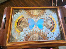 2 Vintage Inlay Wood Brazilian MultiColor Butterfly Wing Tray Mosaic Hanging Art picture